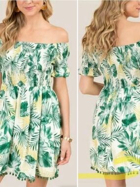 Francesca's Off-Shoulder Tropical Print Sundress - Green & Yellow